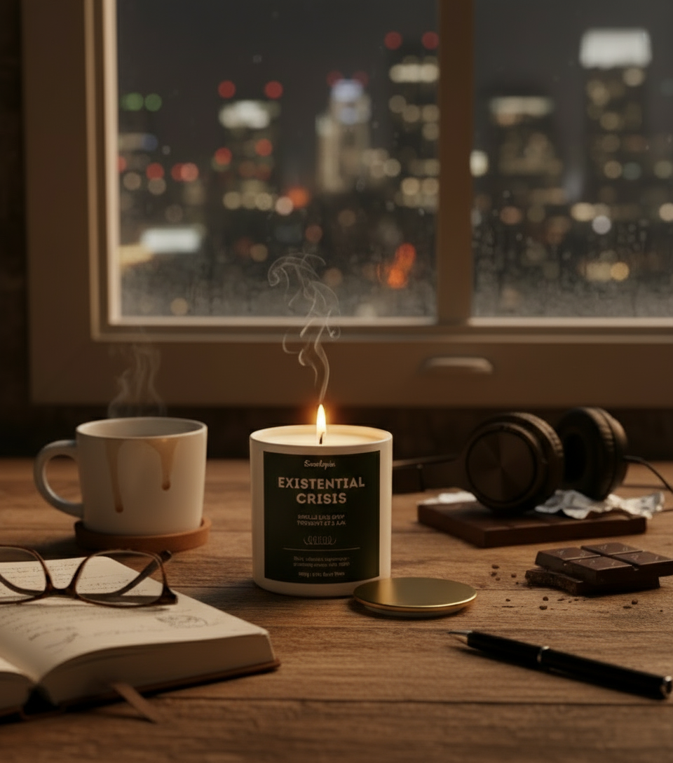 Candle labeled 'Existential Crisis' on a table with a cityscape in the background