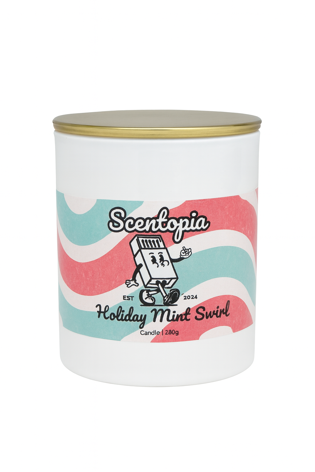 Scentopia Holiday Mint Swirl candle canister with colorful label on a white background