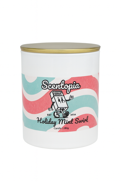 Scentopia Holiday Mint Swirl candle canister with colorful label on a white background