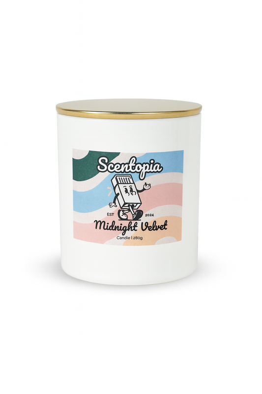 Scentopia candle with colorful label on a white background
