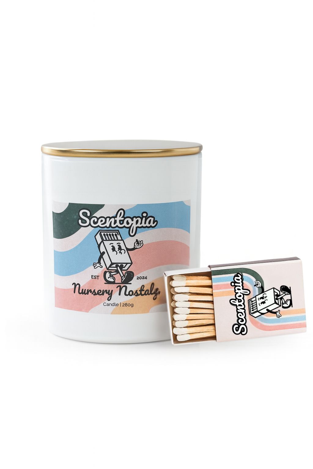Scentopia candle and matches set on a white background