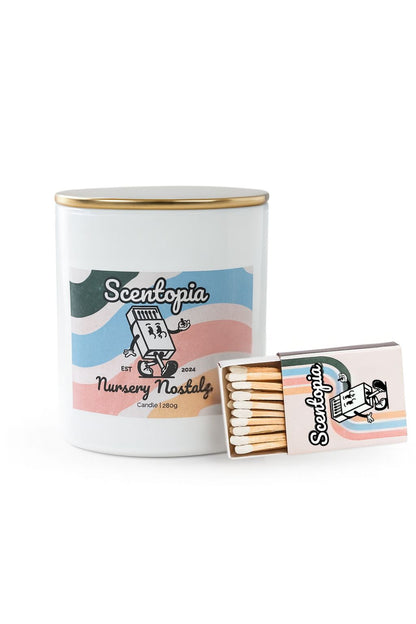 Scentopia candle and matches set on a white background