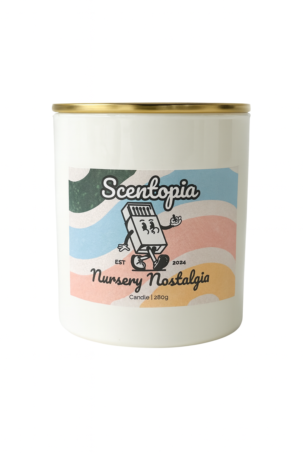 Candle with 'Scentopia Nursery Nostalgia' label on a white background