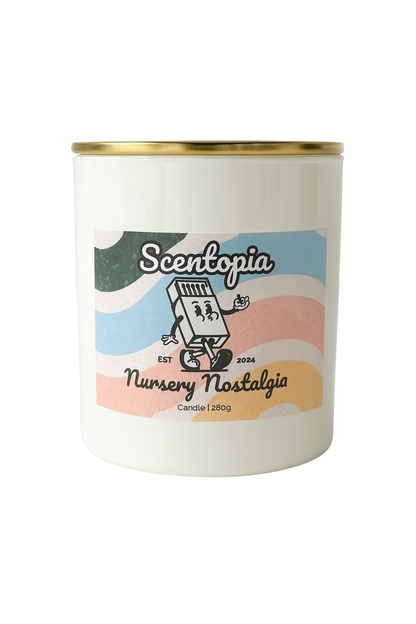 Candle with 'Scentopia Nursery Nostalgia' label on a white background