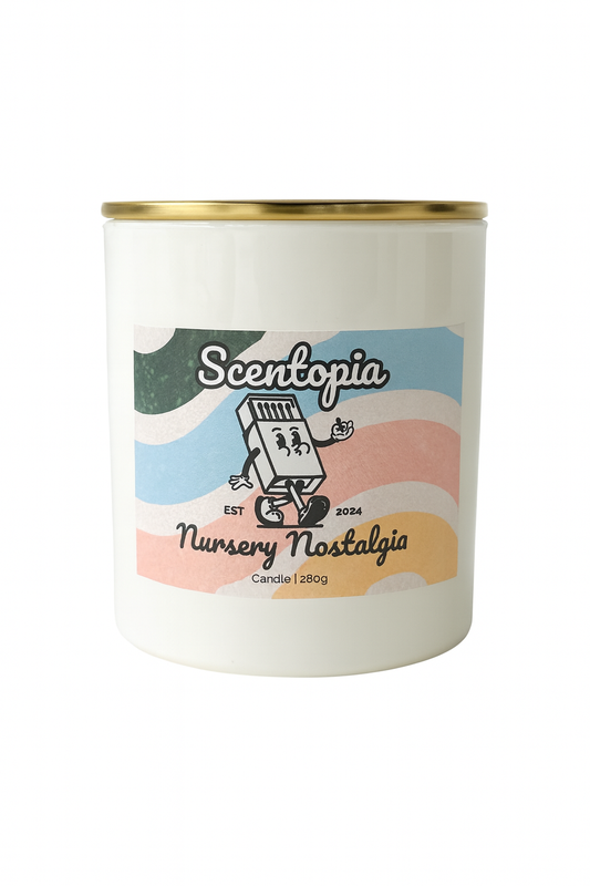 Candle with 'Scentopia Nursery Nostalgia' label on a white background