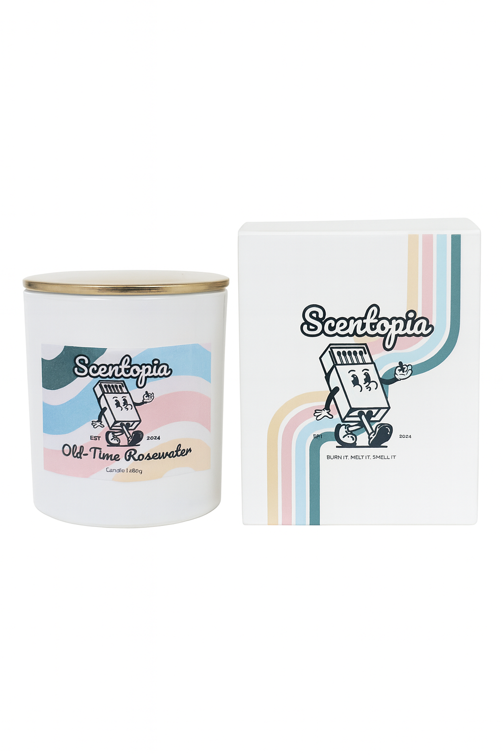 Scentopia candle and packaging on a white background