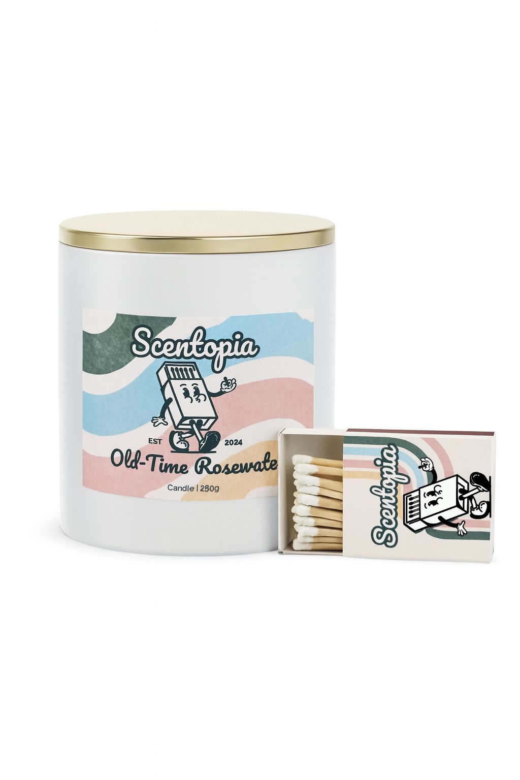 Scentopia candle with matches on a white background