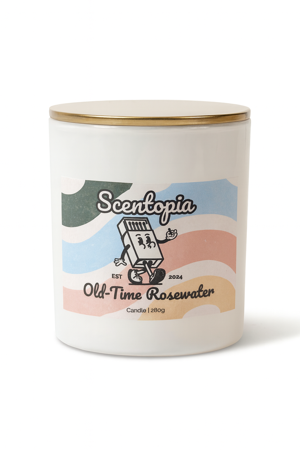 Scentopia candle with colorful label on a white background