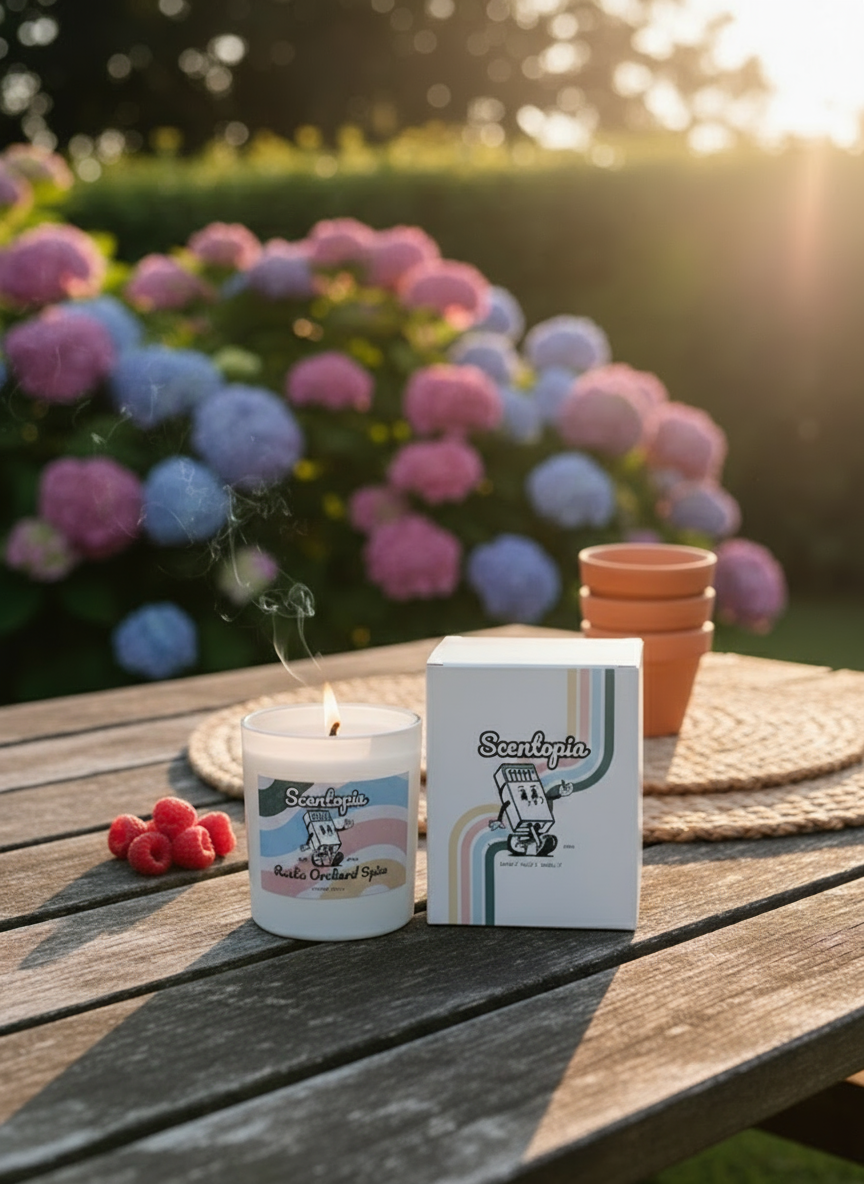 Candle and packaging on a wooden table with flowers in the background