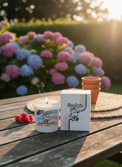 Candle and packaging on a wooden table with flowers in the background