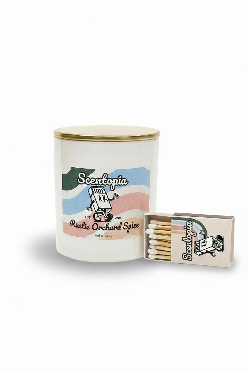 Scentotopia candle with matches on a white background