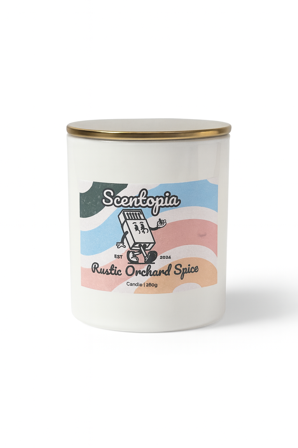 Candle with 'Scentopia' branding and 'Rustic Orchard Spice' description on a white background