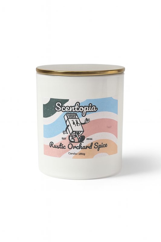 Candle with 'Scentopia' branding and 'Rustic Orchard Spice' description on a white background