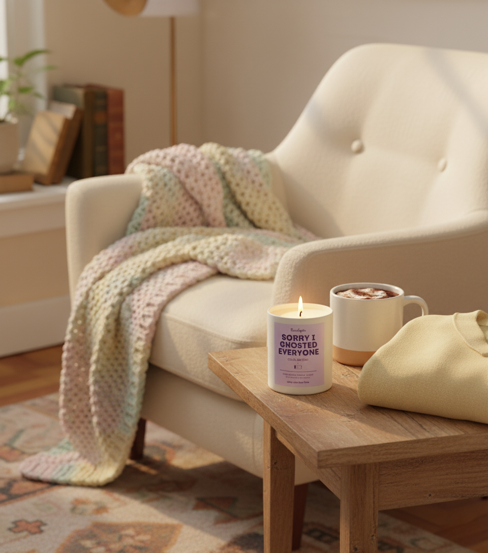 Cozy living room with a candle, mug, and blanket on a couch.