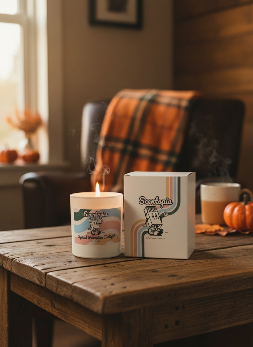 Scented candle and packaging on a wooden table with a cozy indoor setting.