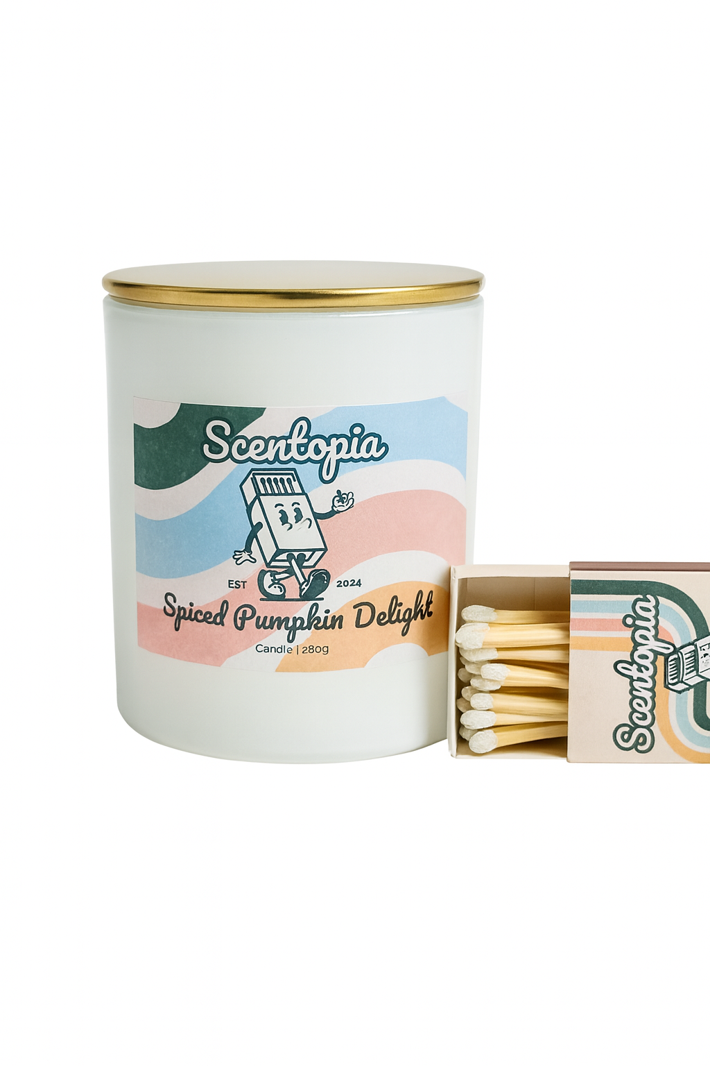 Scentopia candle with packaging and matches on a white background