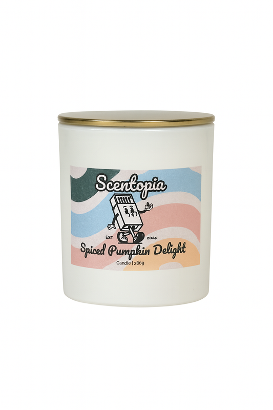 Scentopia Spiced Pumpkin Delight candle on a white background