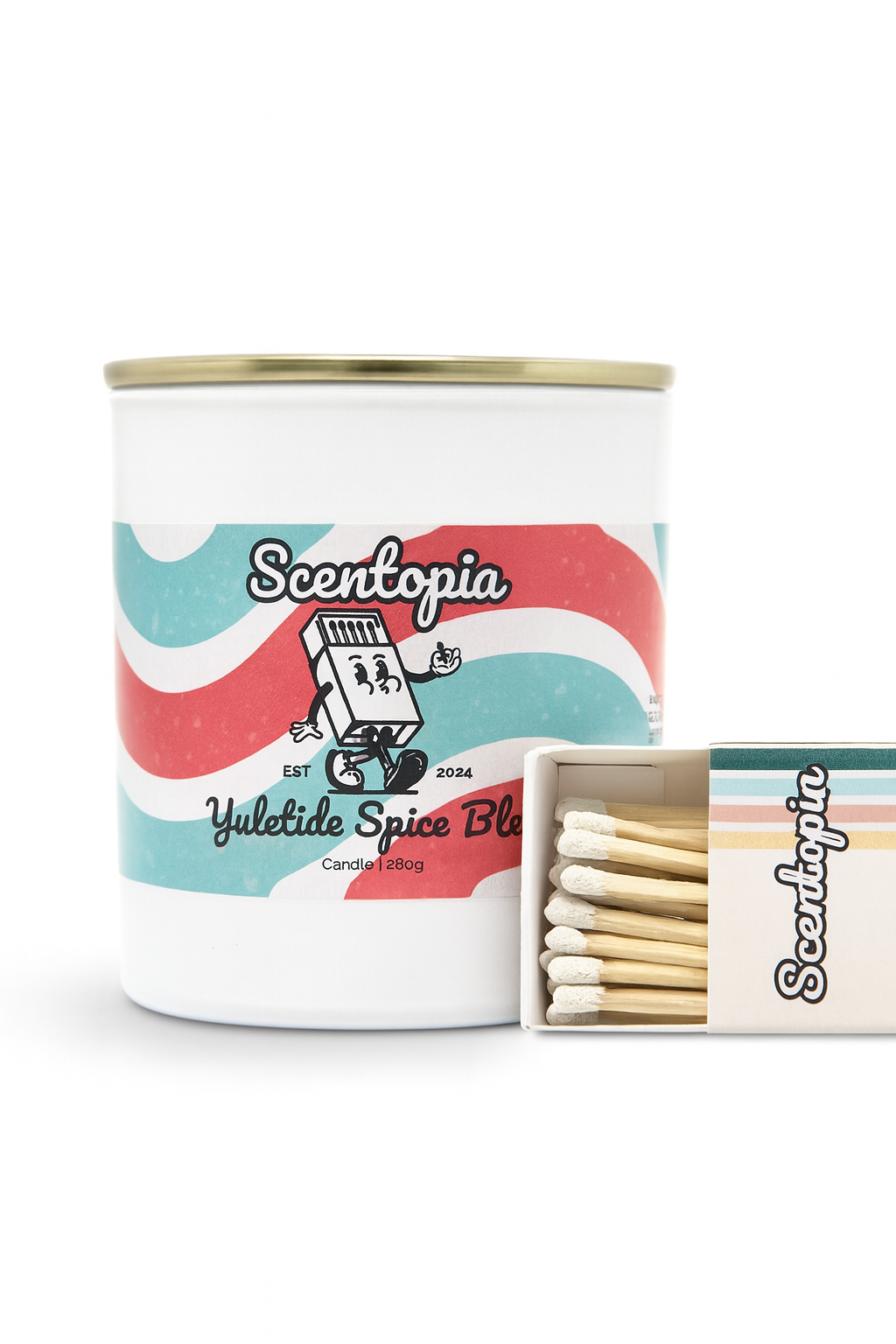 Scentopia candle with matches on a white background